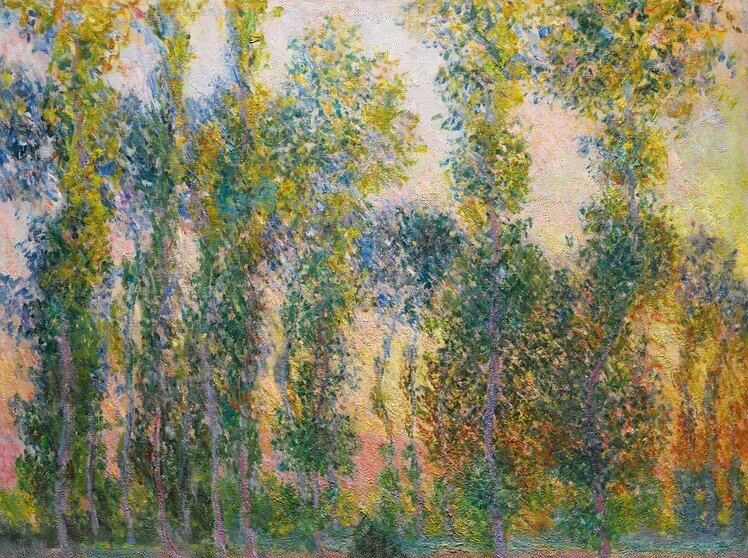 Painting by Monet of trees in Triad Color Scheme of Green, Orange and Purple