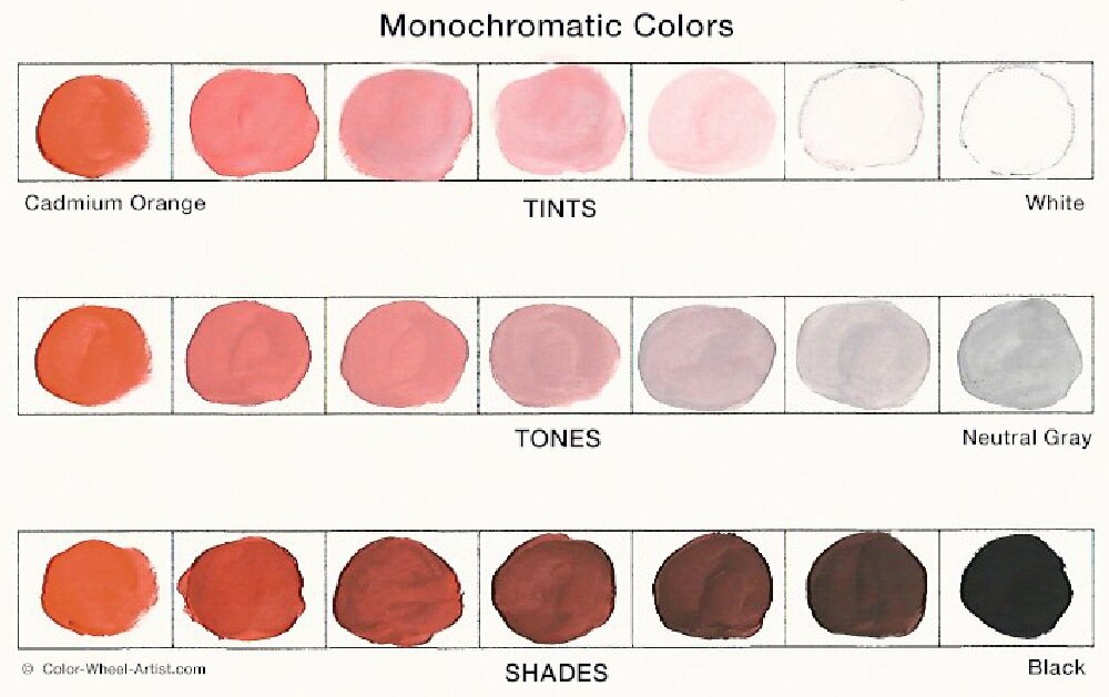 Paint swatches showing the variety of Tints, Tones and Shades possible in a Monochromatic Color Scheme using Orange